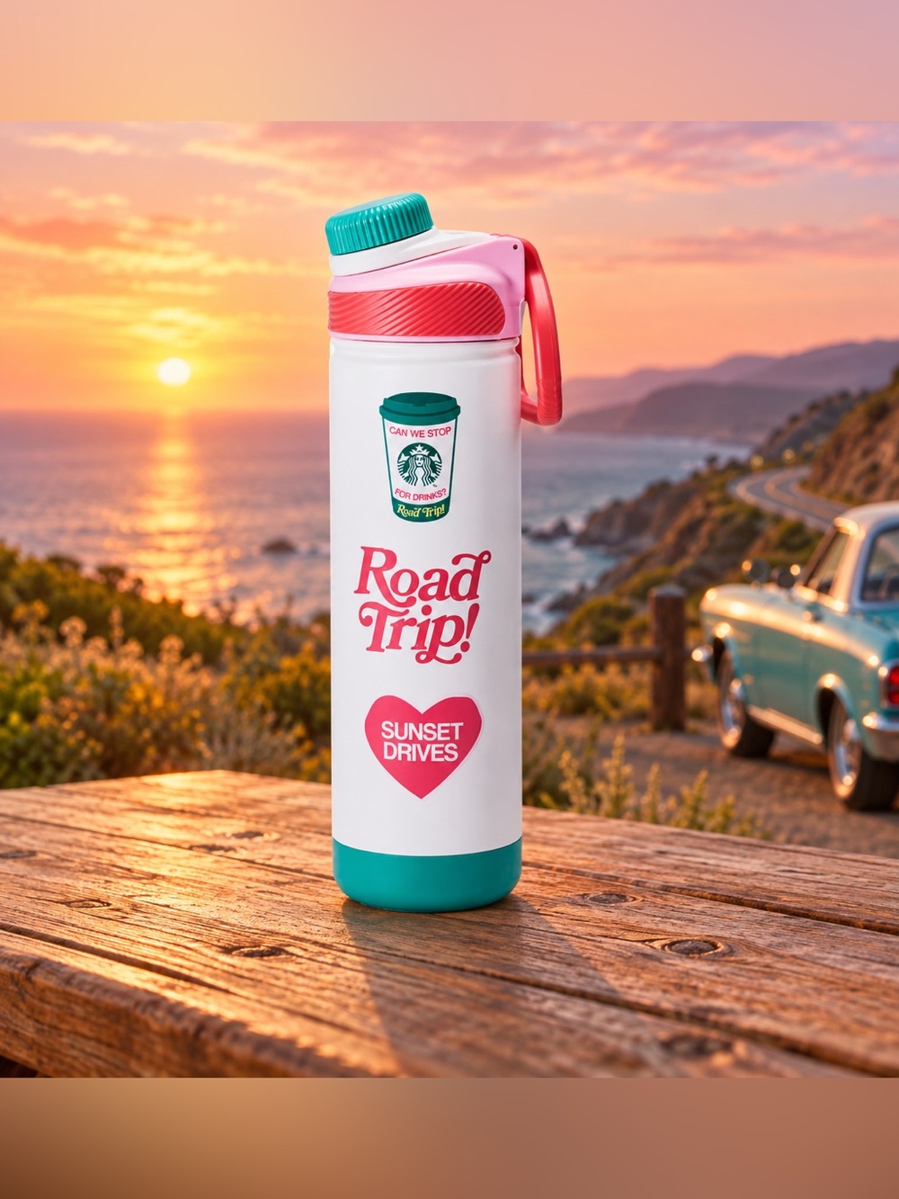 Starbucks Road Trip Dandy Water Bottle Pink Teal Sunset Drives